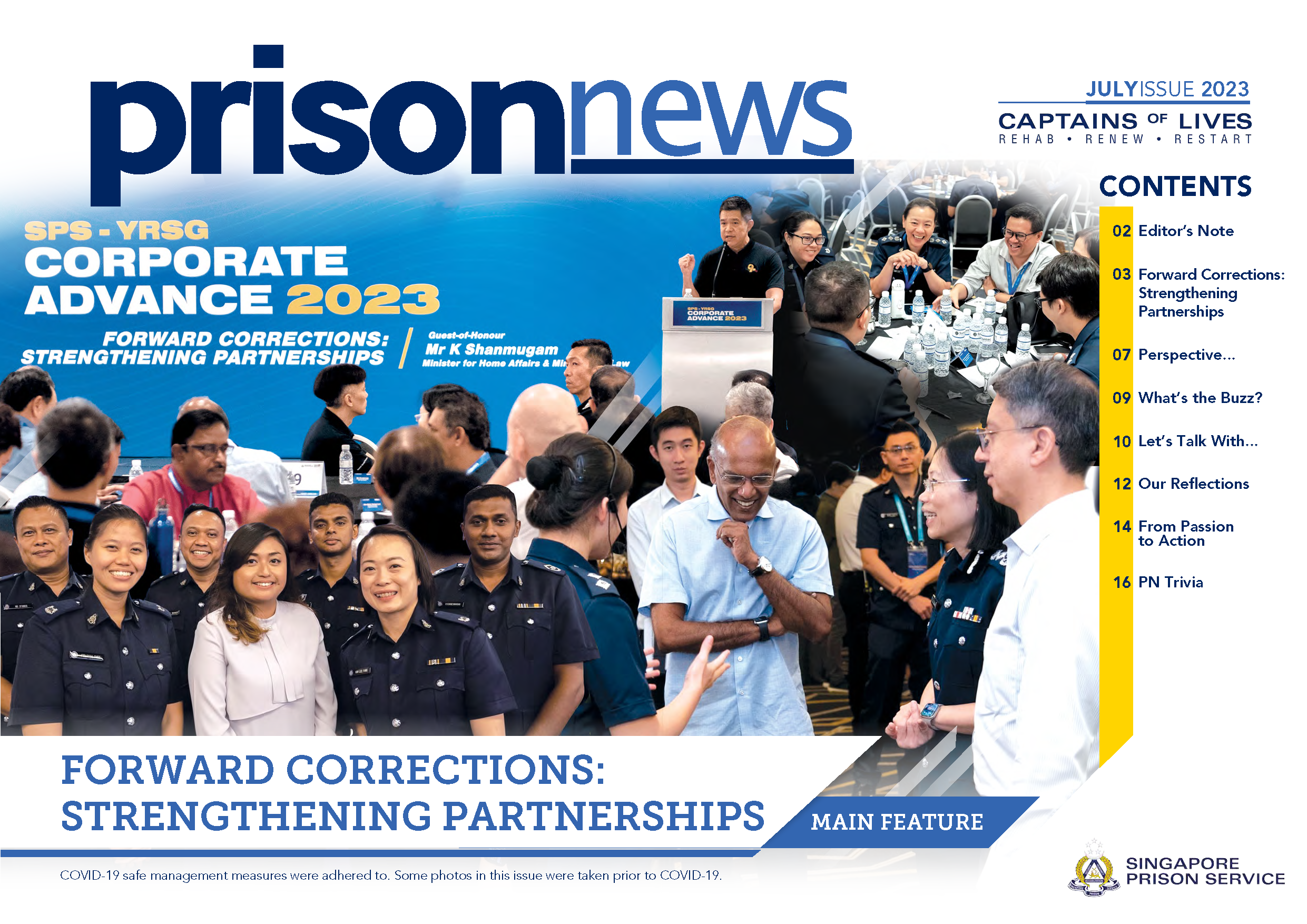 Magazine cover titled "prison news" with a group of people in uniforms, contents list, and event "Corporate Advance 2023".